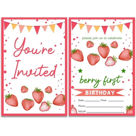 🌺 3/$15 Set of 20 1st Birthday Party Invites Strawberry Theme - Picture 1 of 3